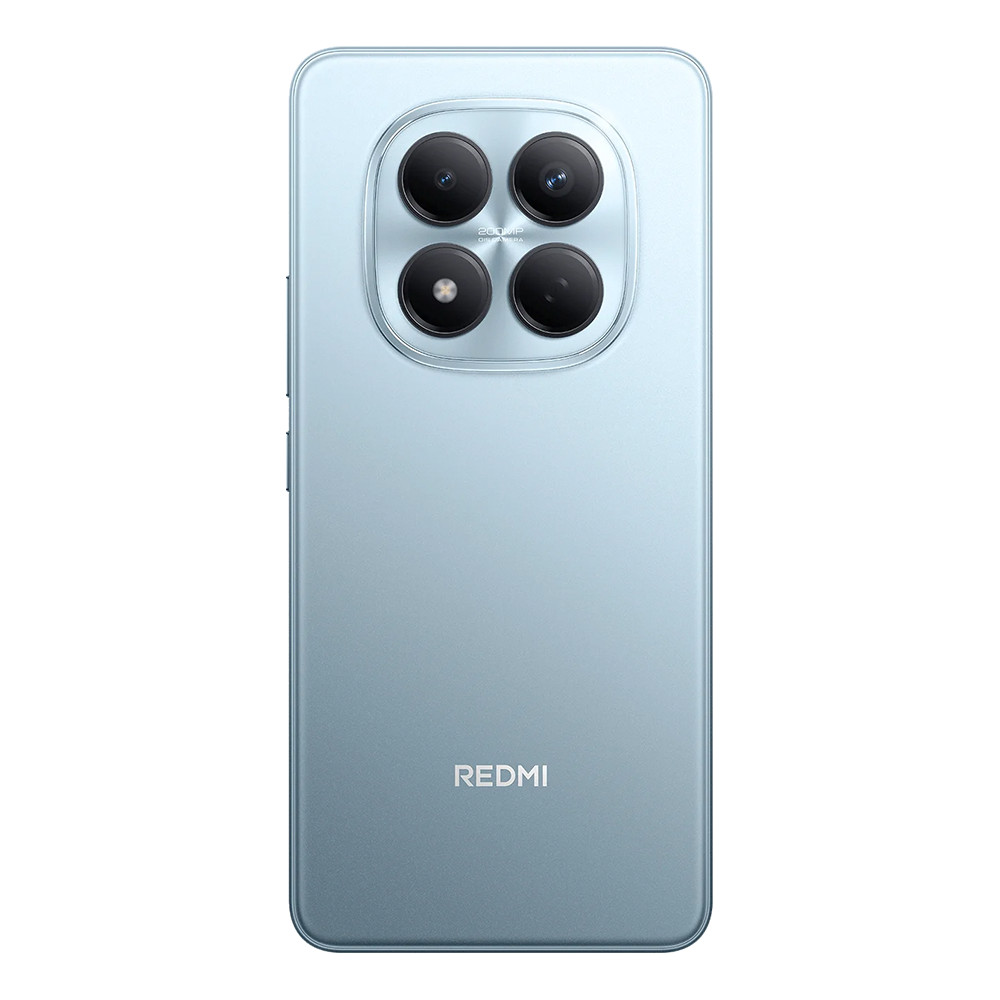 Uno smartphone azzurro con quattro fotocamere posteriori e logo Redmi.