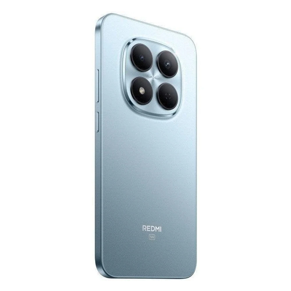 Uno smartphone azzurro con quadrupla fotocamera posteriore e logo Redmi.