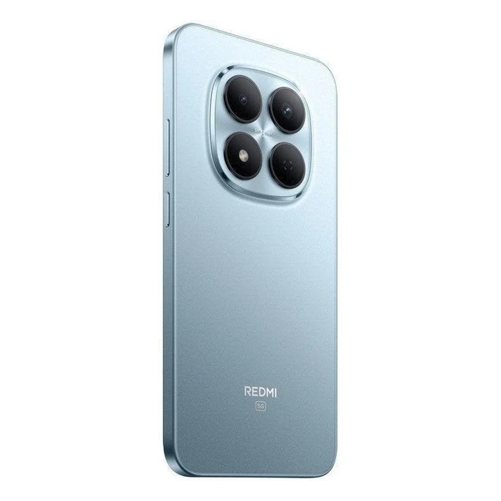 Uno smartphone azzurro con quattro fotocamere sul retro, etichettato 'REDMI 5G' sul lato destro.