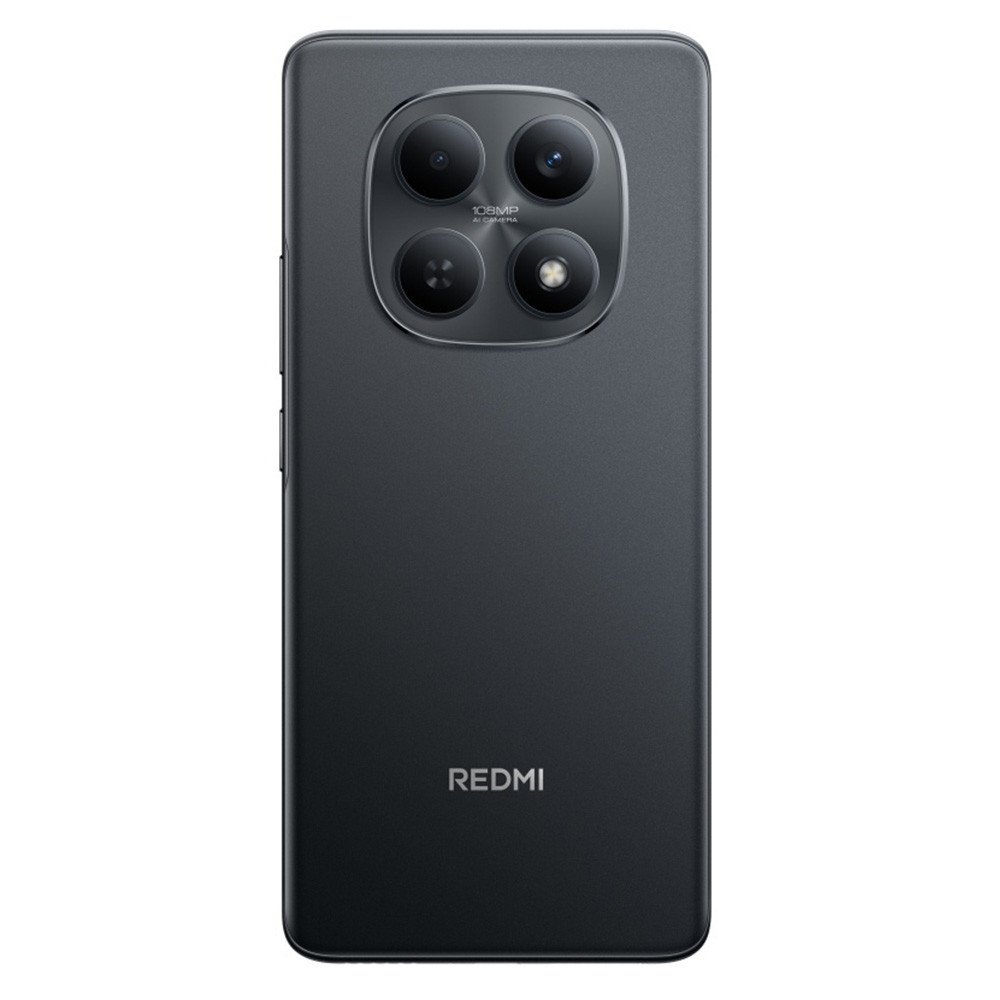 Retro di uno smartphone grigio scuro con setup a quattro fotocamere e logo Redmi.