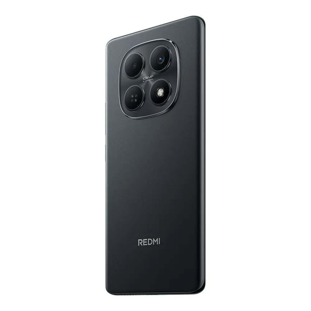 Smartphone nero con configurazione quad camera e logo REDMI sul retro.