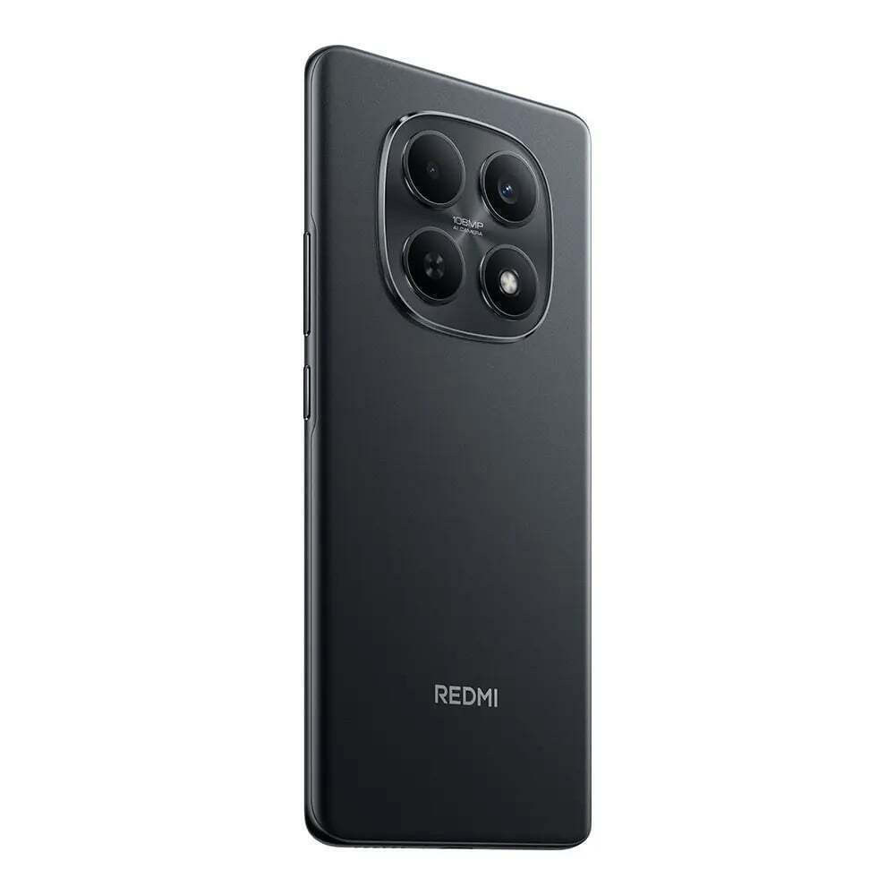 Smartphone grigio scuro con quattro fotocamere e logo REDMI.
