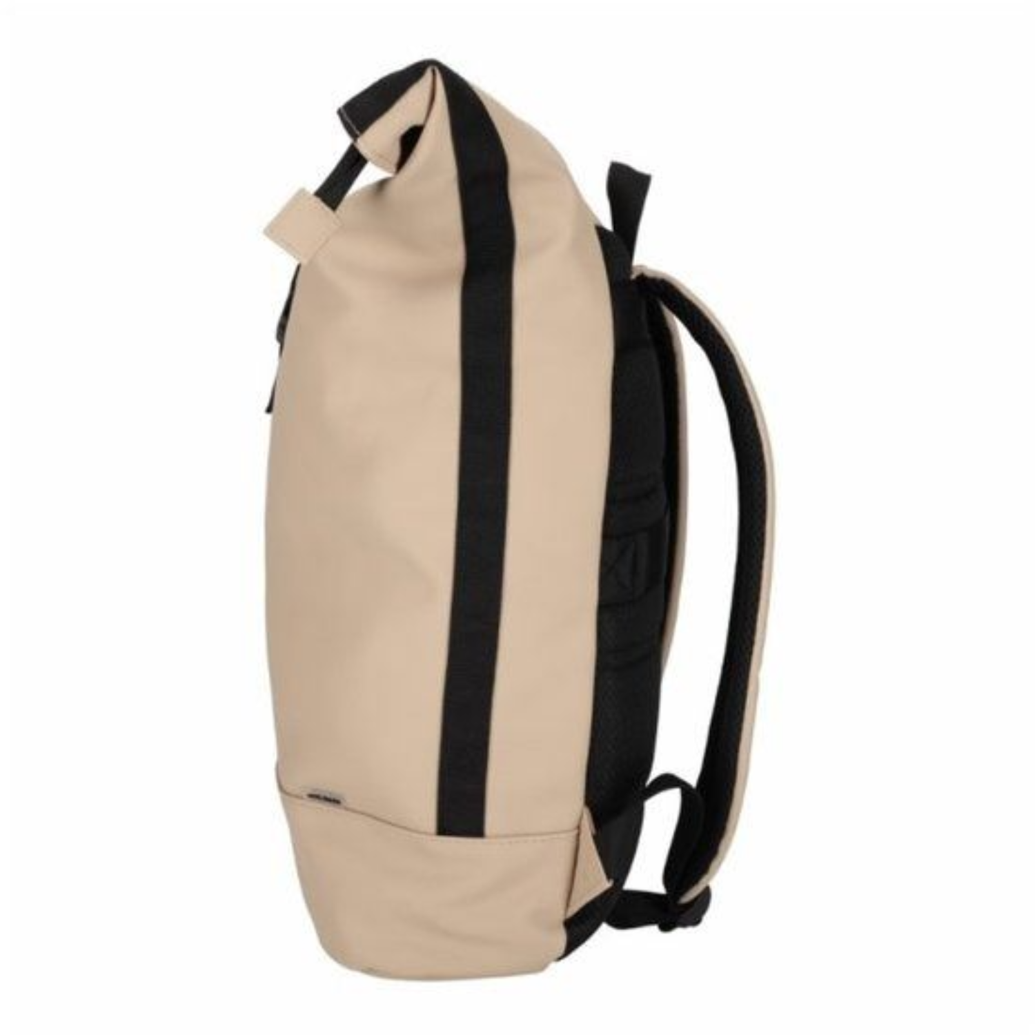A beige backpack with black stripes and straps, seen from the side.
