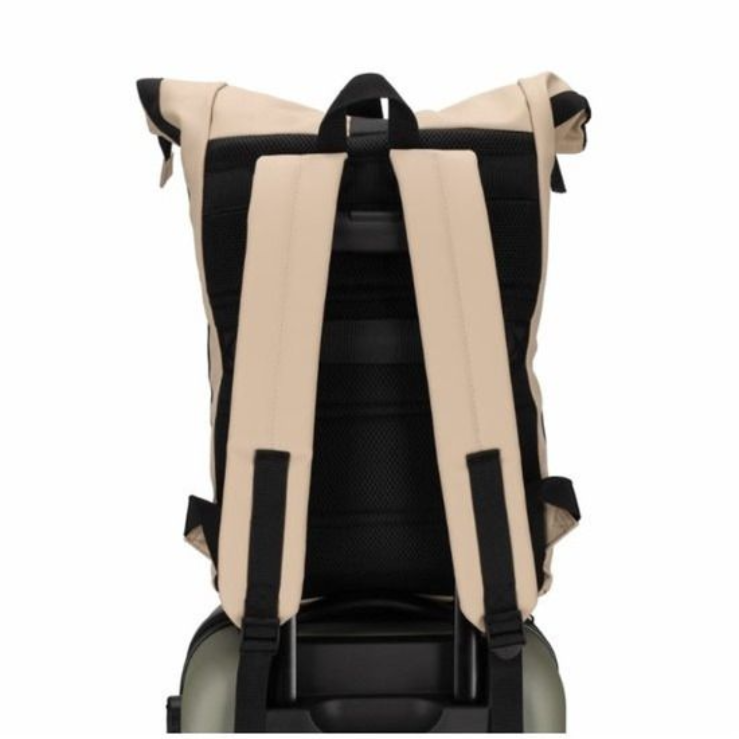 Back view of a tan backpack with black straps on a suitcase.