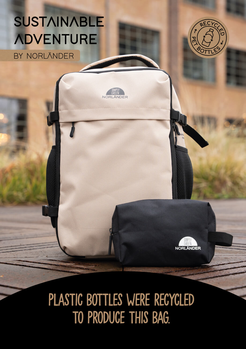 A beige backpack and a black bag sit on wooden planks. 