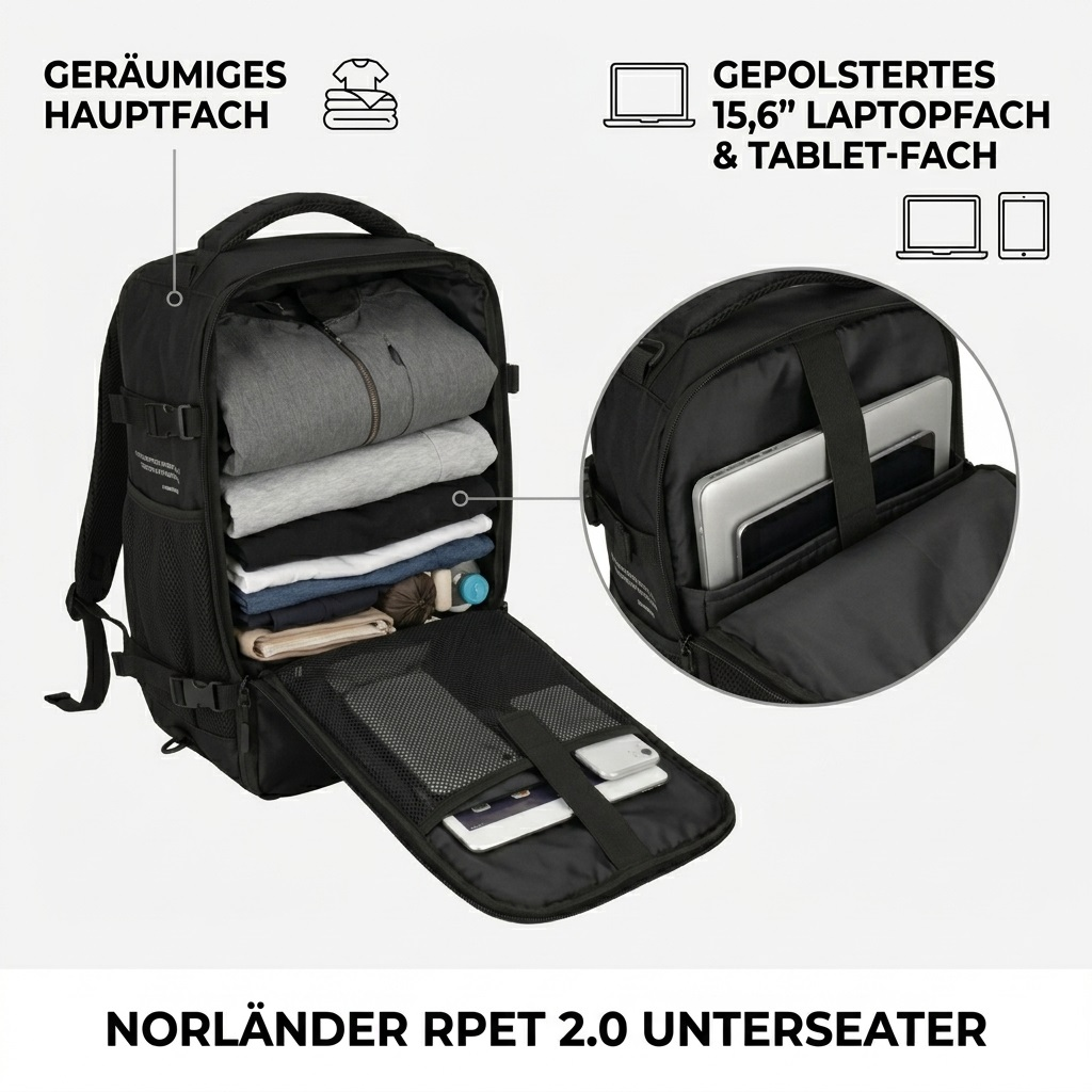 Black backpack with clothes and tablet compartments. Norländer RPET 2.0.