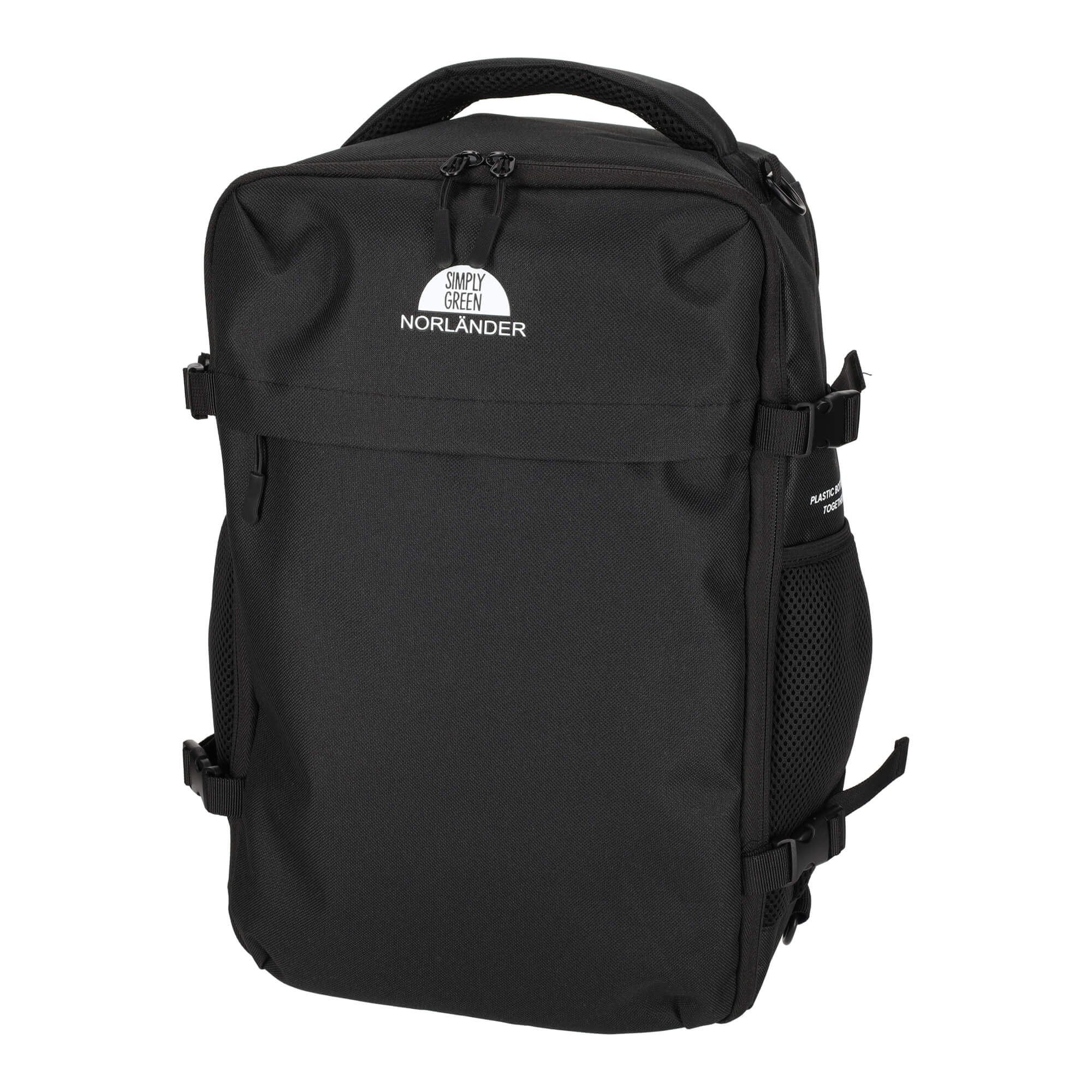 A black backpack with a white logo print on the front.