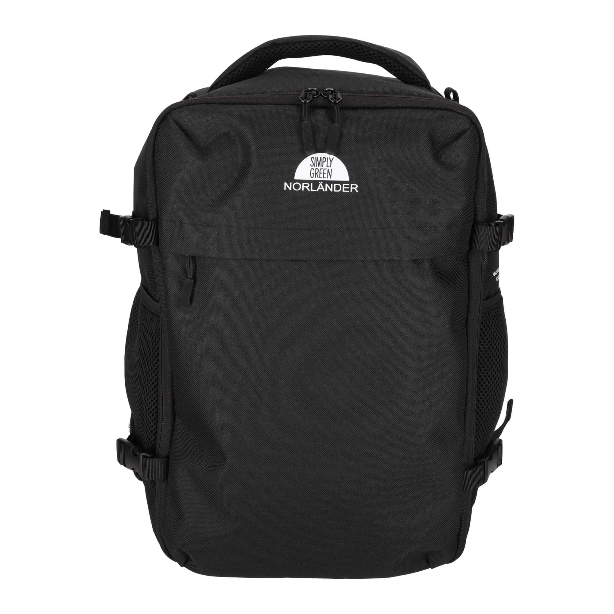 A black backpack with two zippers, side pockets, and a logo.