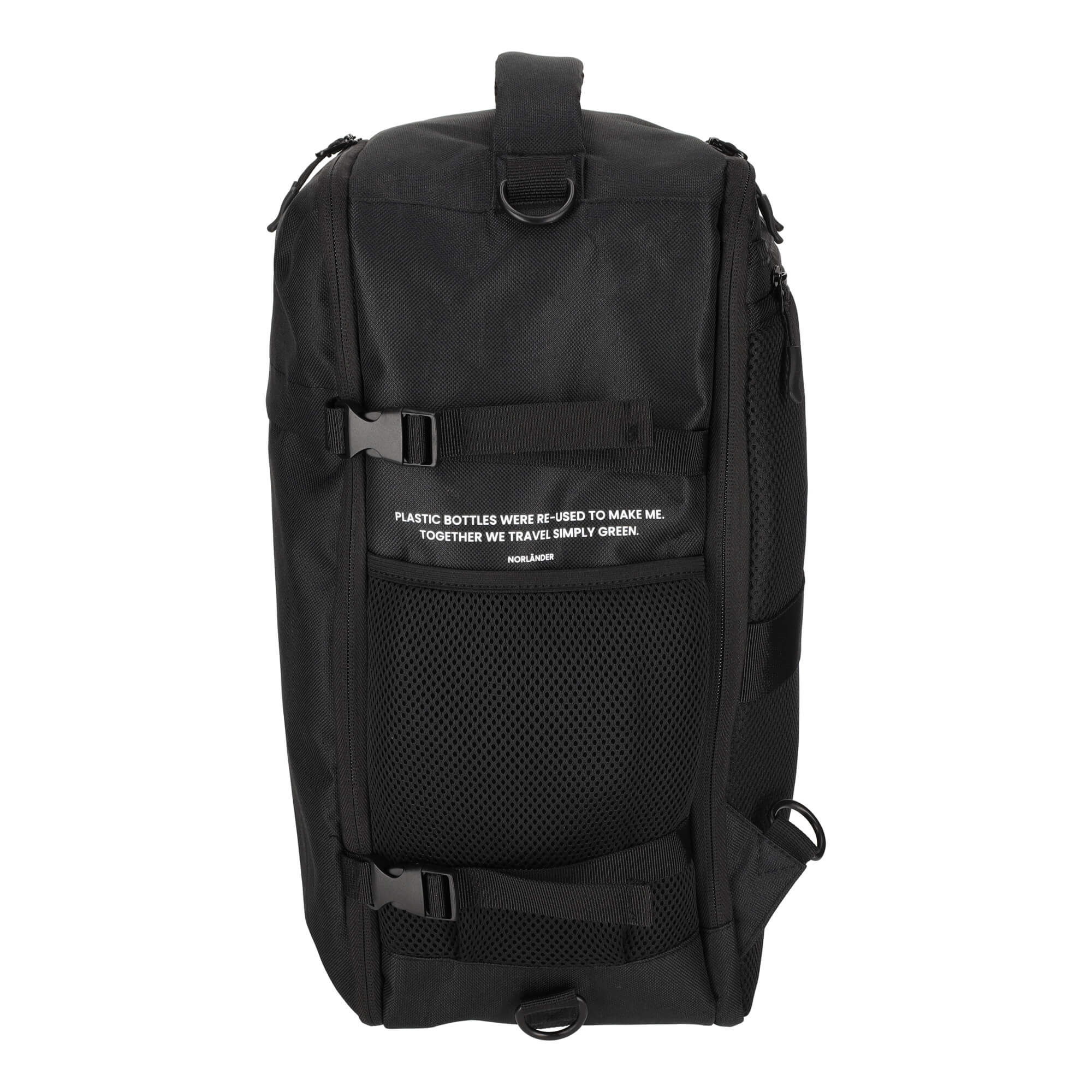 Black backpack with mesh pockets and text. Made from recycled bottles.