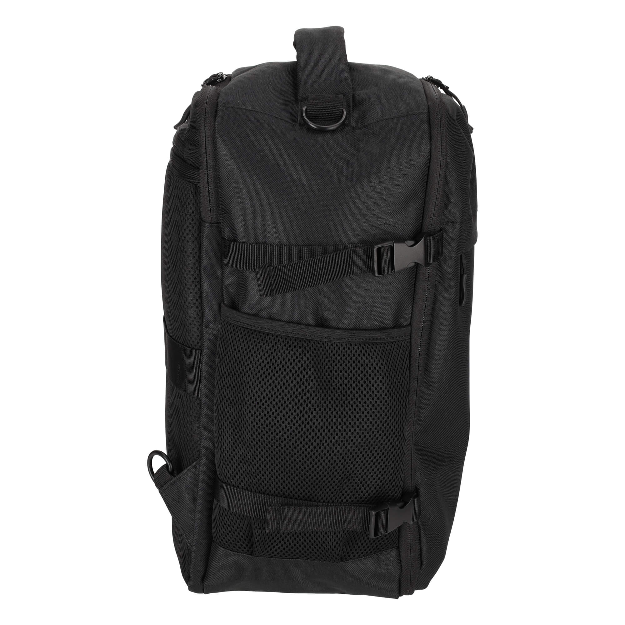 Black backpack with mesh side pockets, buckles, and a carry handle.