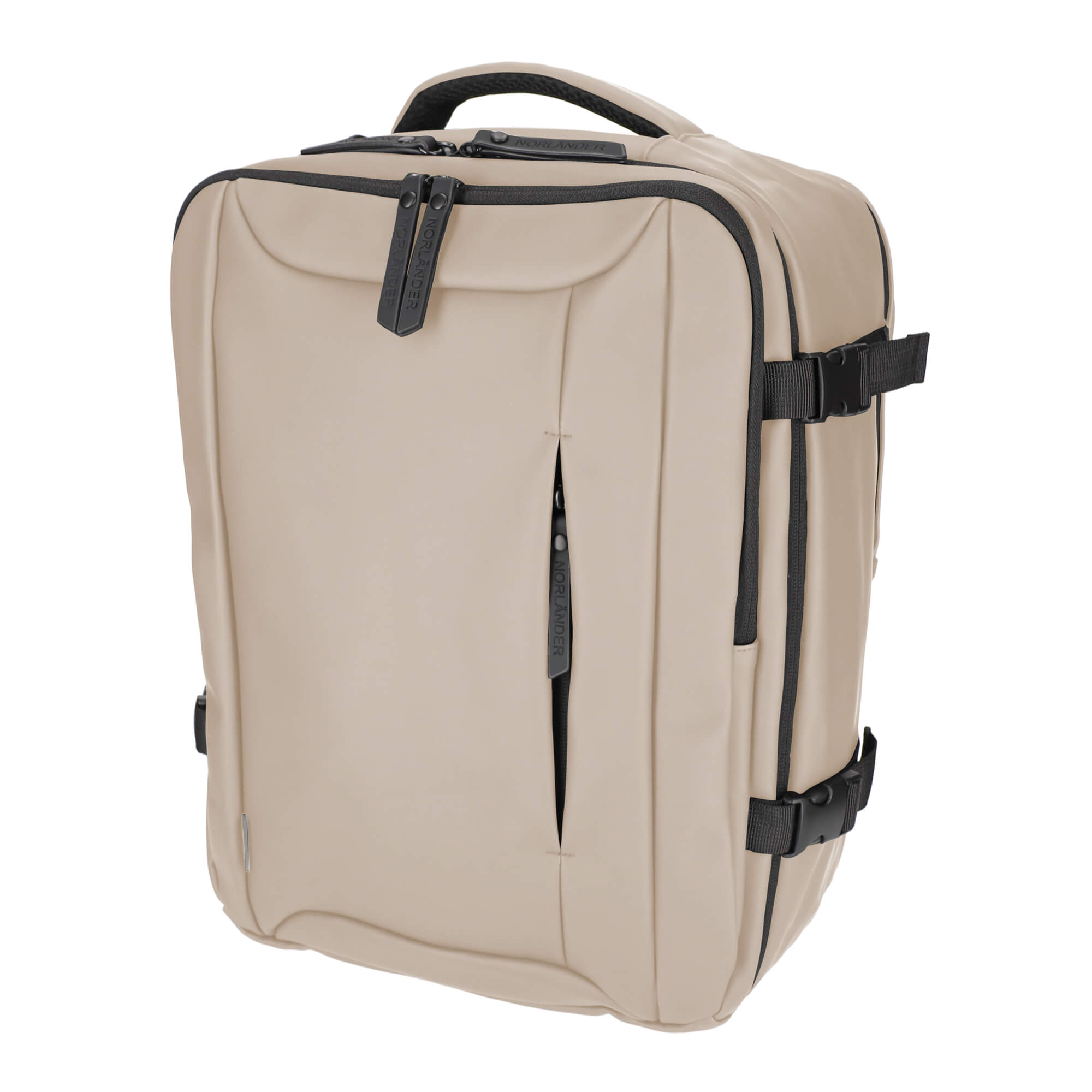 Een beige reistas met zwarte ritsen en gespen.
