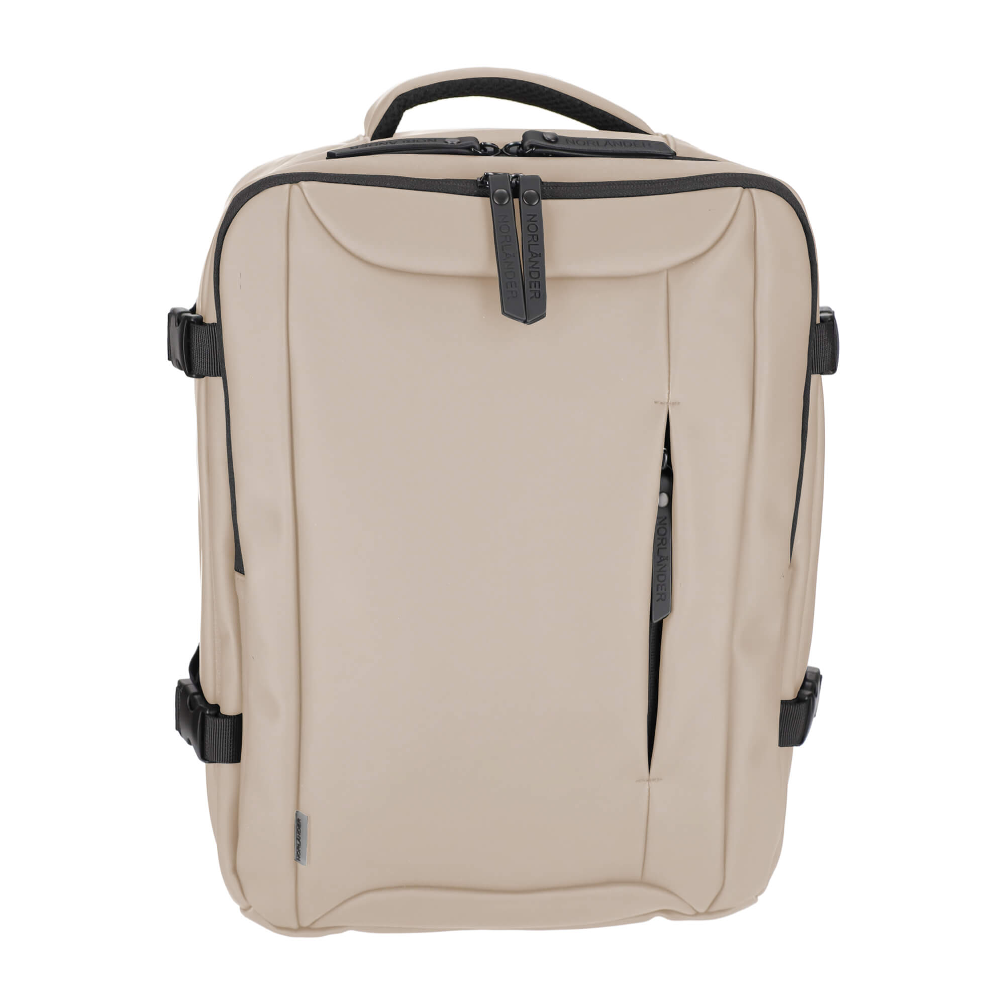 Een beige rugzak met zwarte ritsen en gespen, met Norländer-logo.