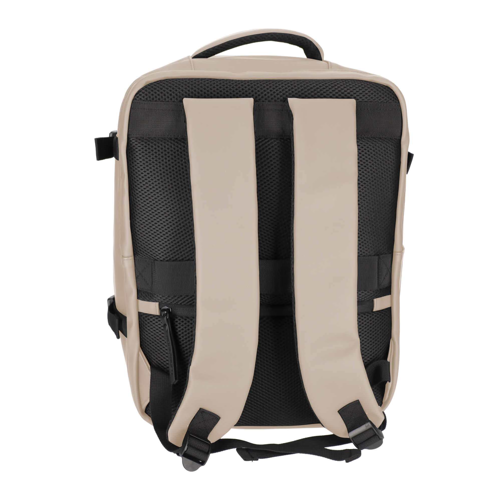 Achterkant van een beige rugzak met zwarte banden en mesh vulling.