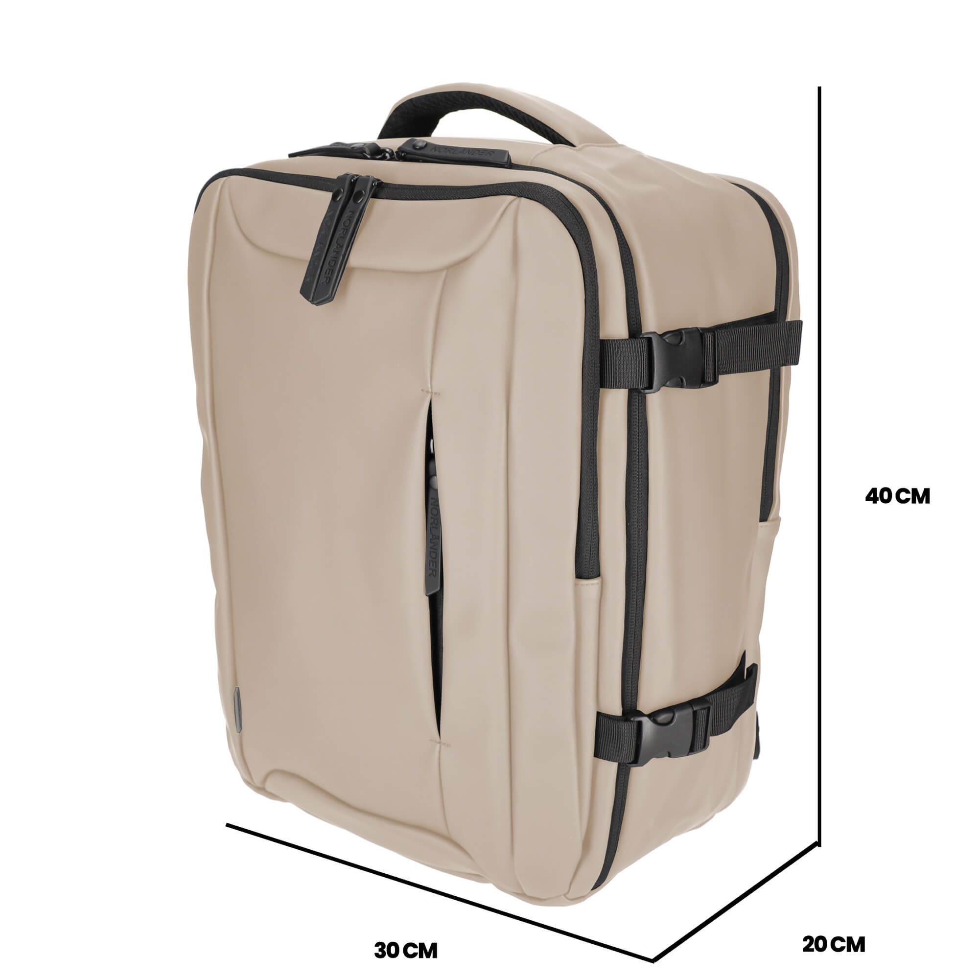 Beige rugzak met zwarte ritsen en banden, afmetingen 40x30x20 cm.