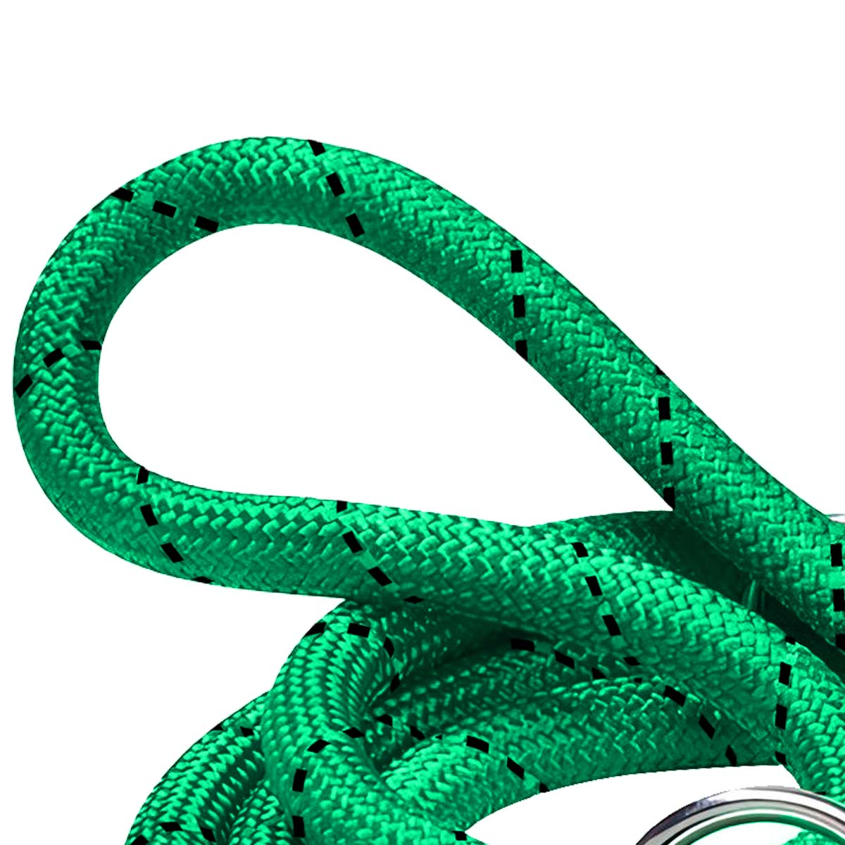 Una corda verde con segni neri giace su uno sfondo bianco.
