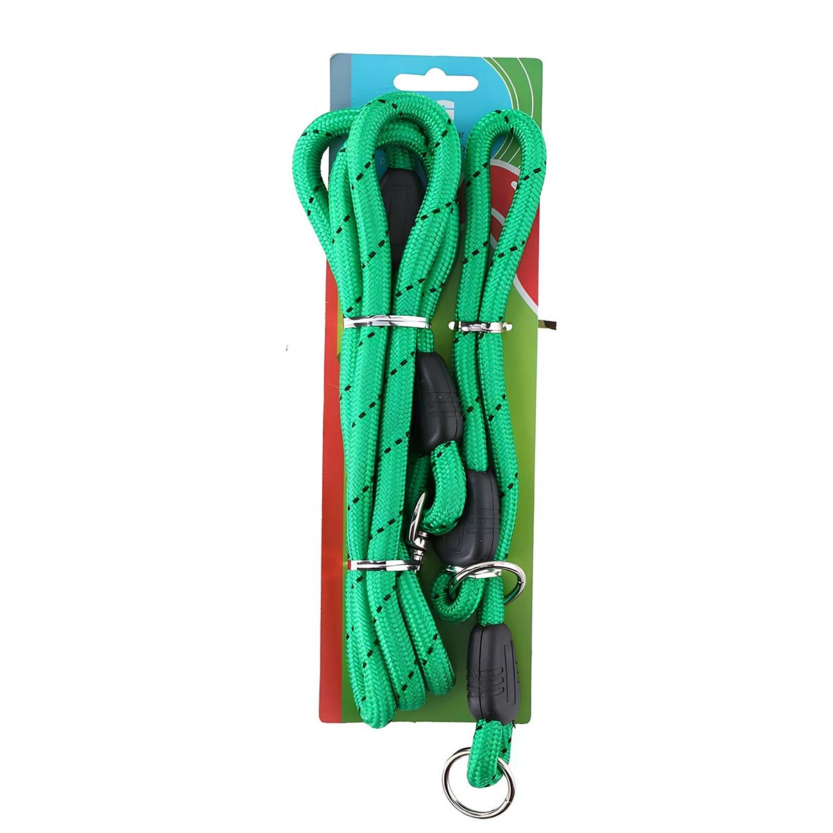 Corda verde con accenti neri, clip e anelli metallici, confezionata.