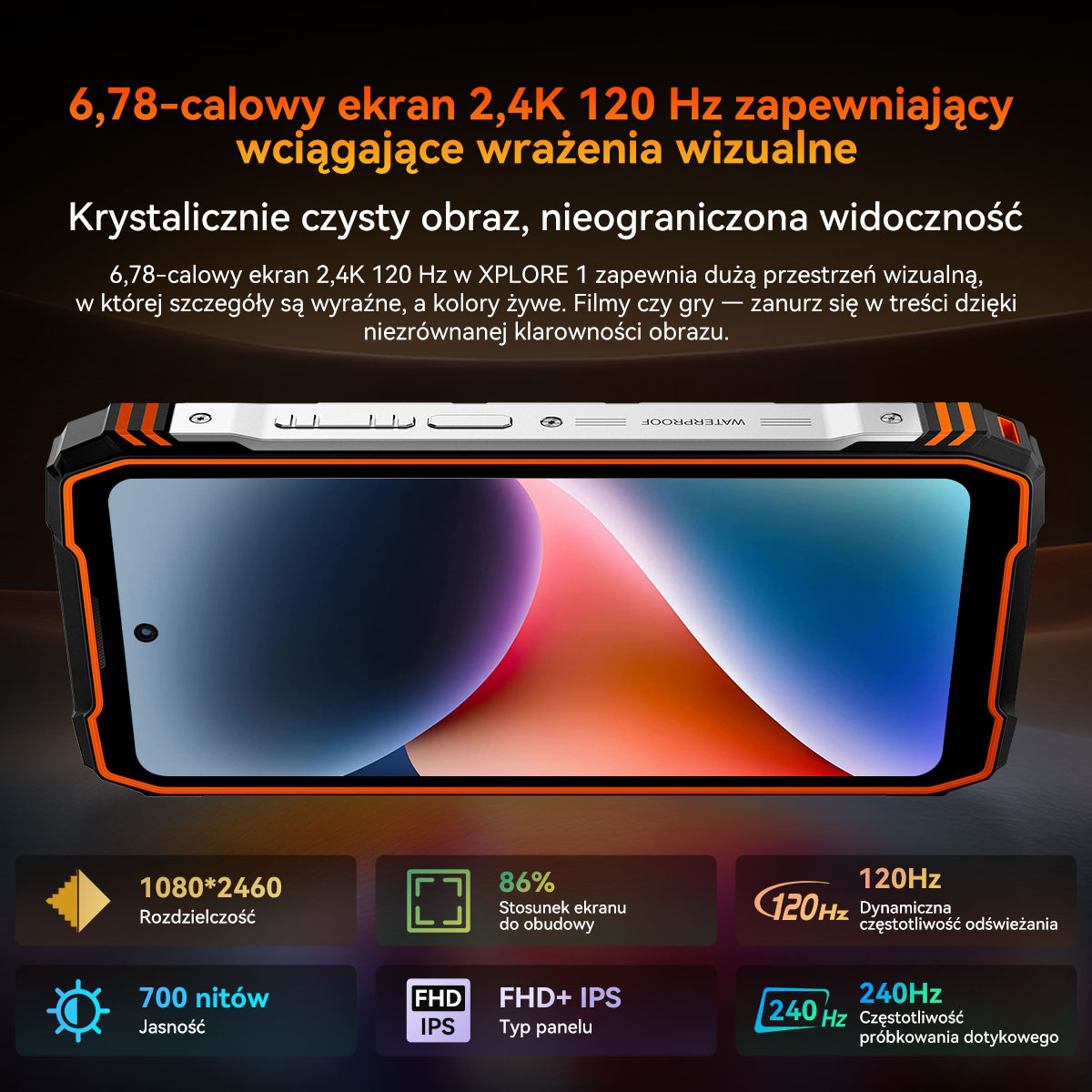 Czarny smartfon z pomarańczowymi akcentami wyświetlający ekran 6,78 cala 2,4K 120 Hz.