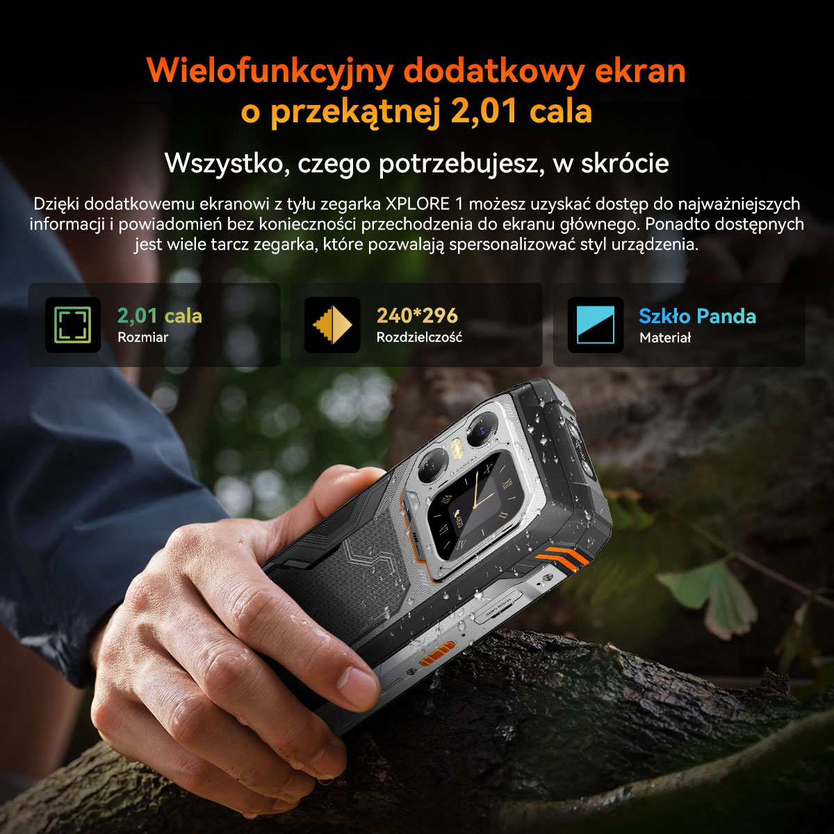 Dłoń trzyma wytrzymały smartfon z dodatkowym ekranem, aparatem i pomarańczowymi akcentami.