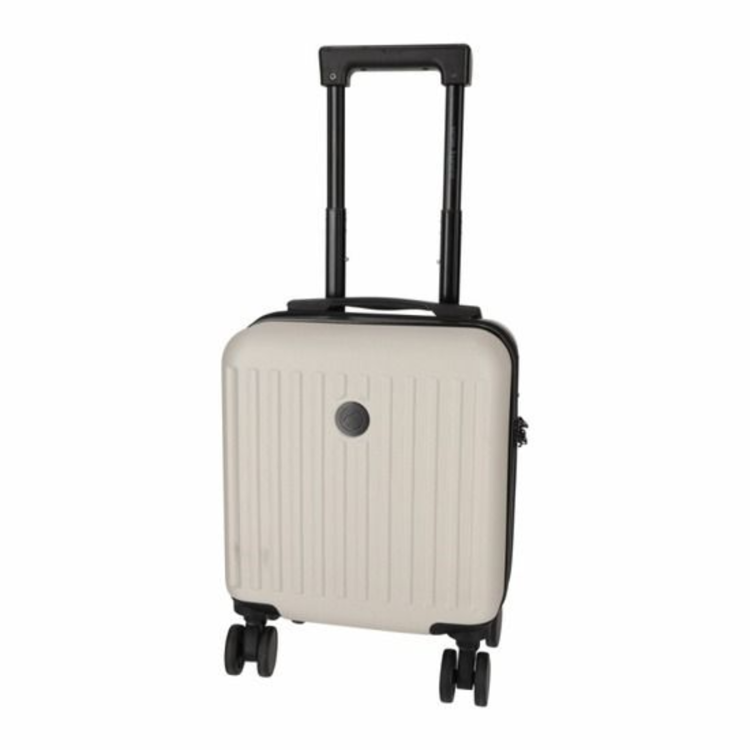A cream-colored rolling suitcase with a retractable handle and black wheels.