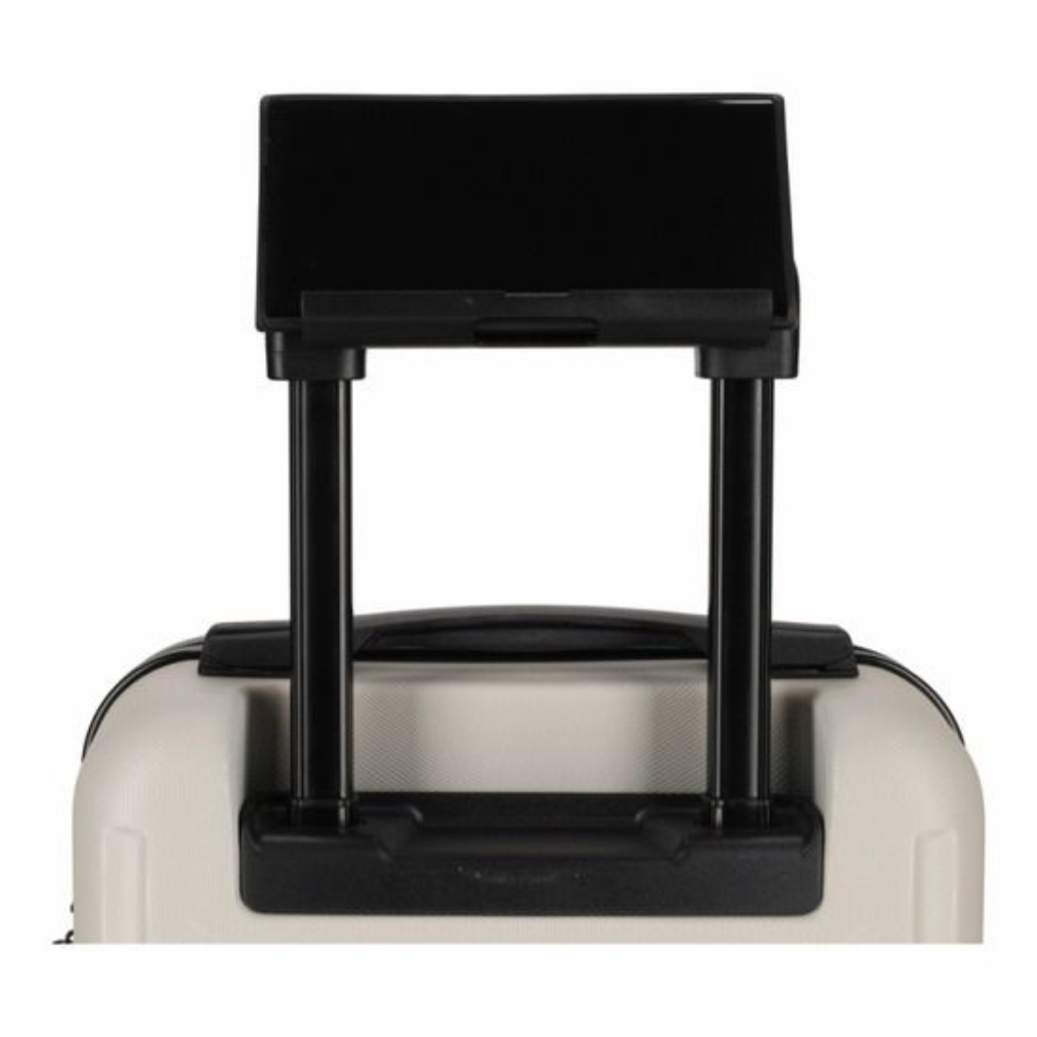 A retractable handle with a black tablet holder on a light beige suitcase.