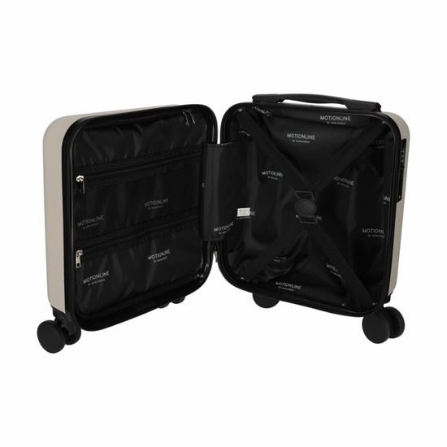 An open, cream-colored suitcase with a black interior lining and wheels.