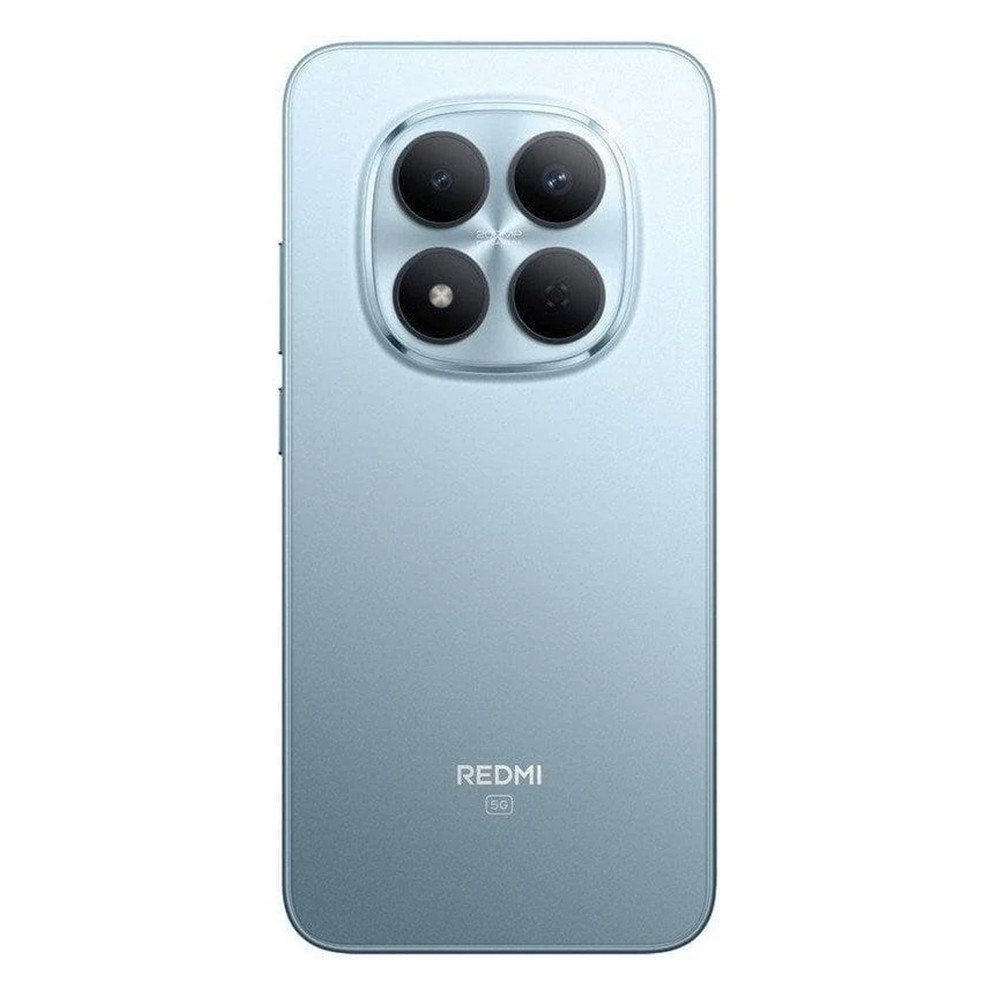 Retro di uno smartphone azzurro con configurazione quad-camera e logo Redmi 5G.