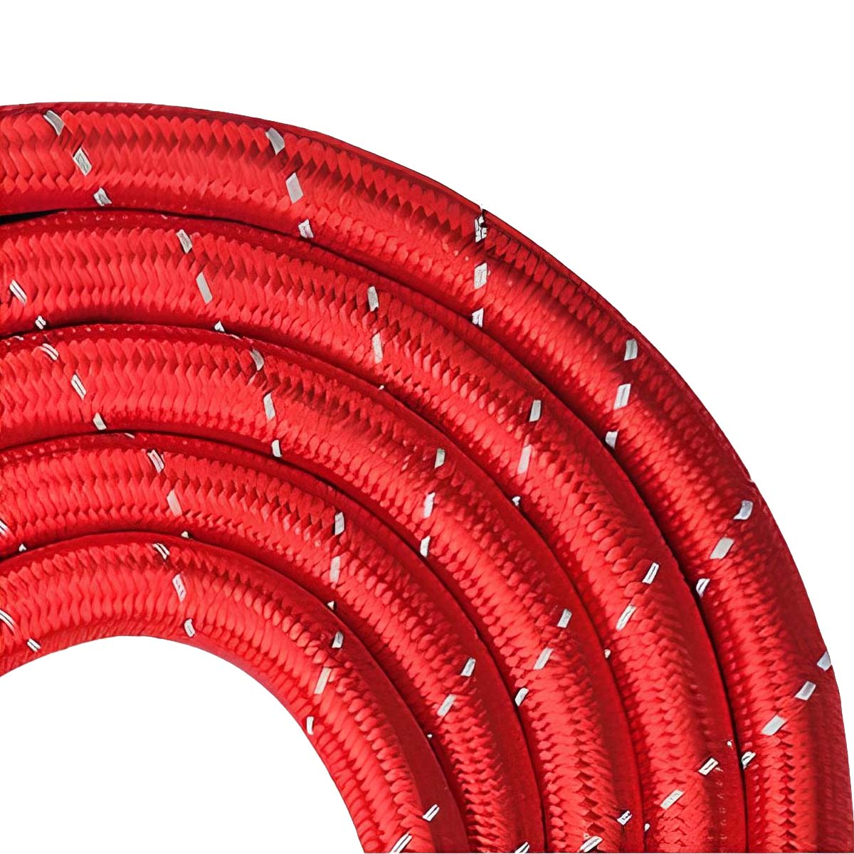 Una corda rossa con fili d'argento, che si curva ad arco.