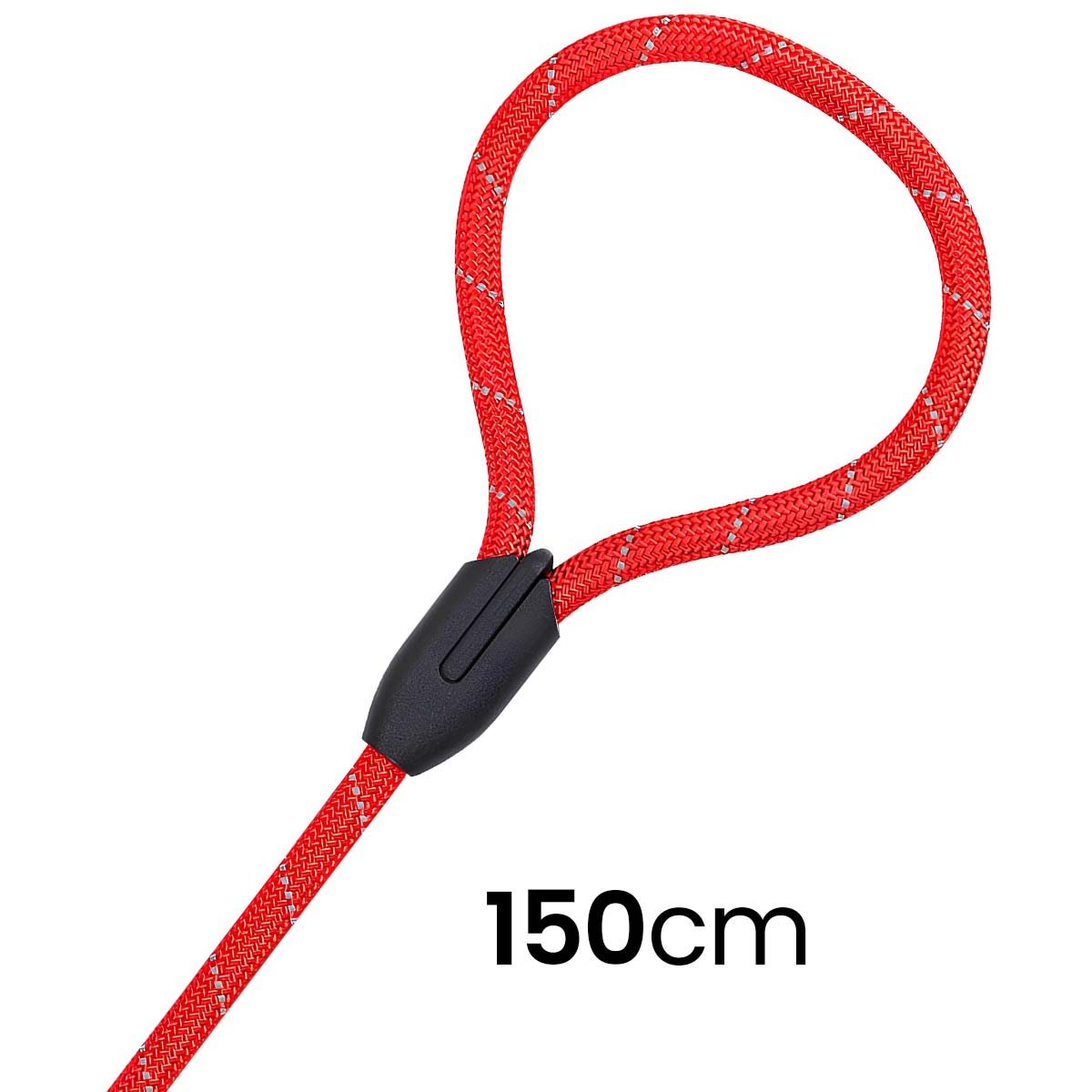 Corda rossa con manico nero e scritta "150cm".