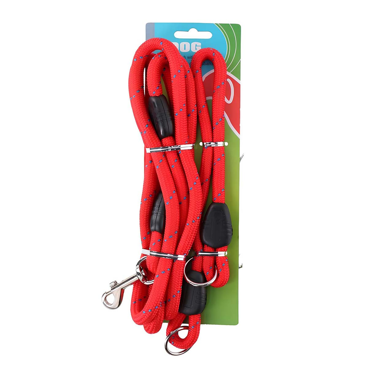 Un guinzaglio rosso per cani con pois blu, con regolatori in plastica nera e un gancio in metallo.