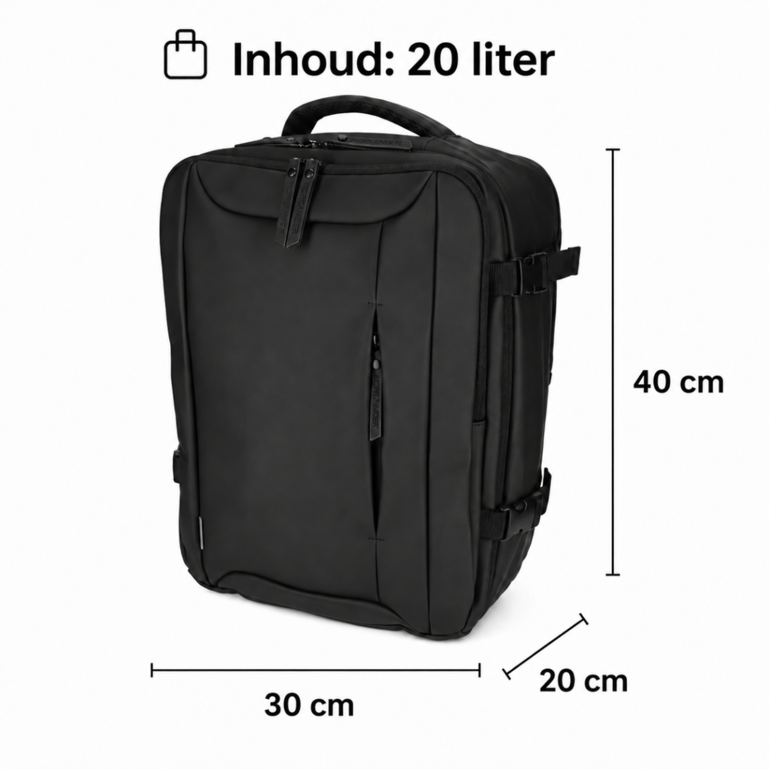 Zwarte rugzak van 30x20x40 cm en 20 liter inhoud.