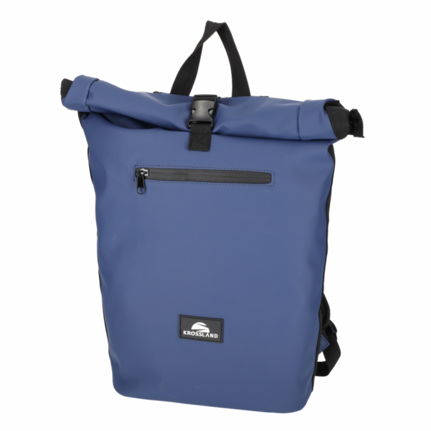 Een blauwe rolltop rugzak met zwarte rits en logo.