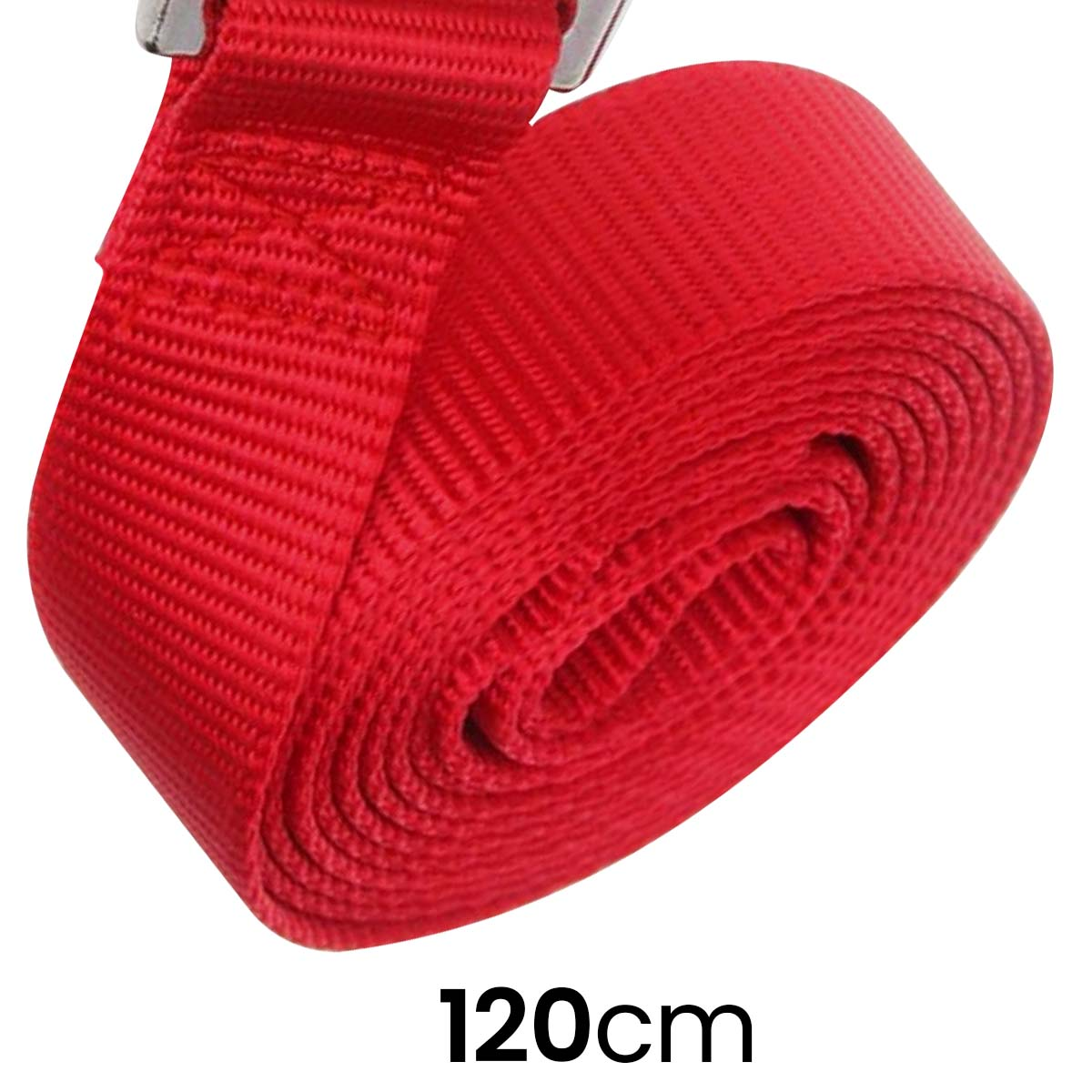 Una correa roja con hebilla metálica, enrollada. Texto: 120 cm.