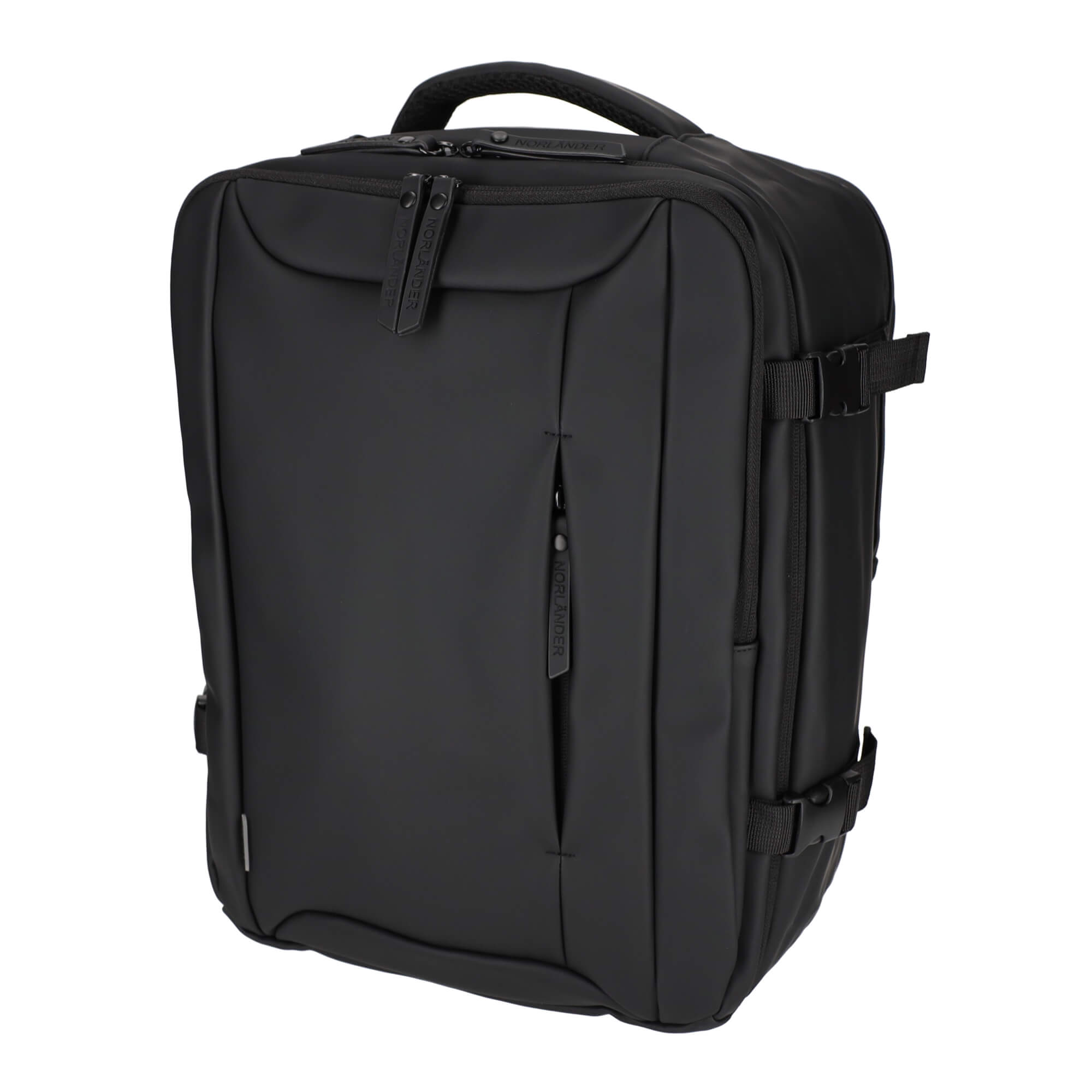 A black backpack featuring zippers, buckles, and a handle.