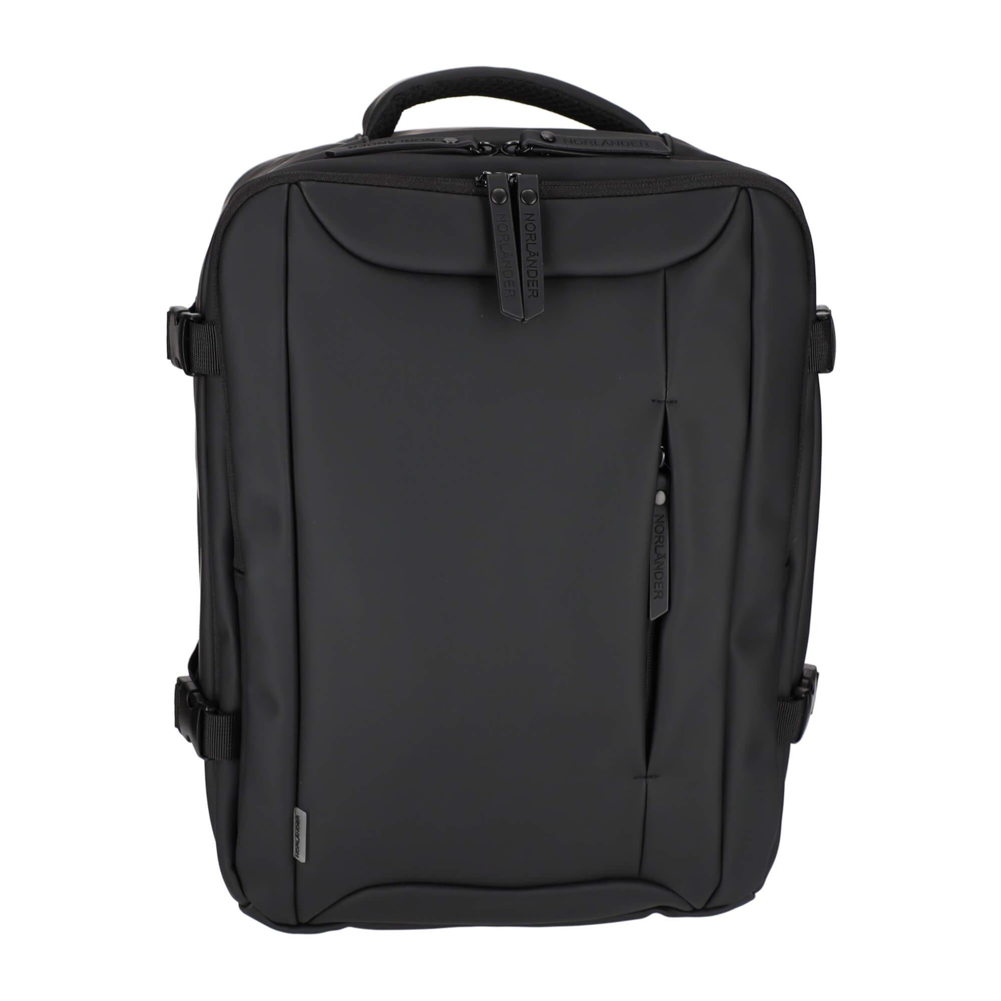 A black backpack with zippers and a carrying handle.