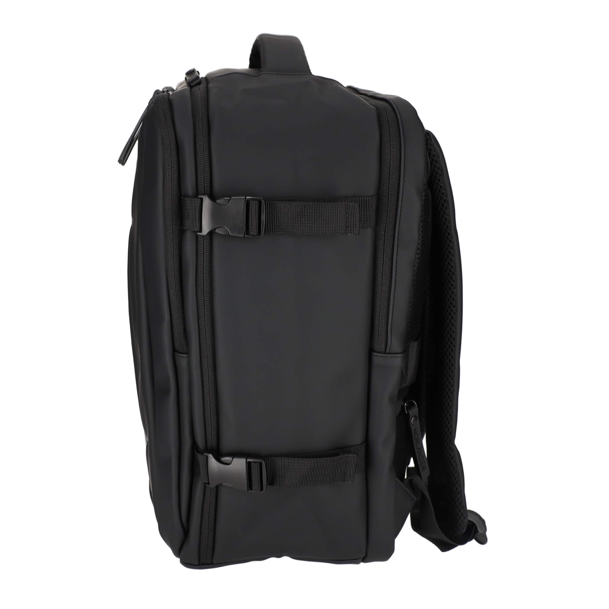 Black backpack with buckles and zippers, side view.
