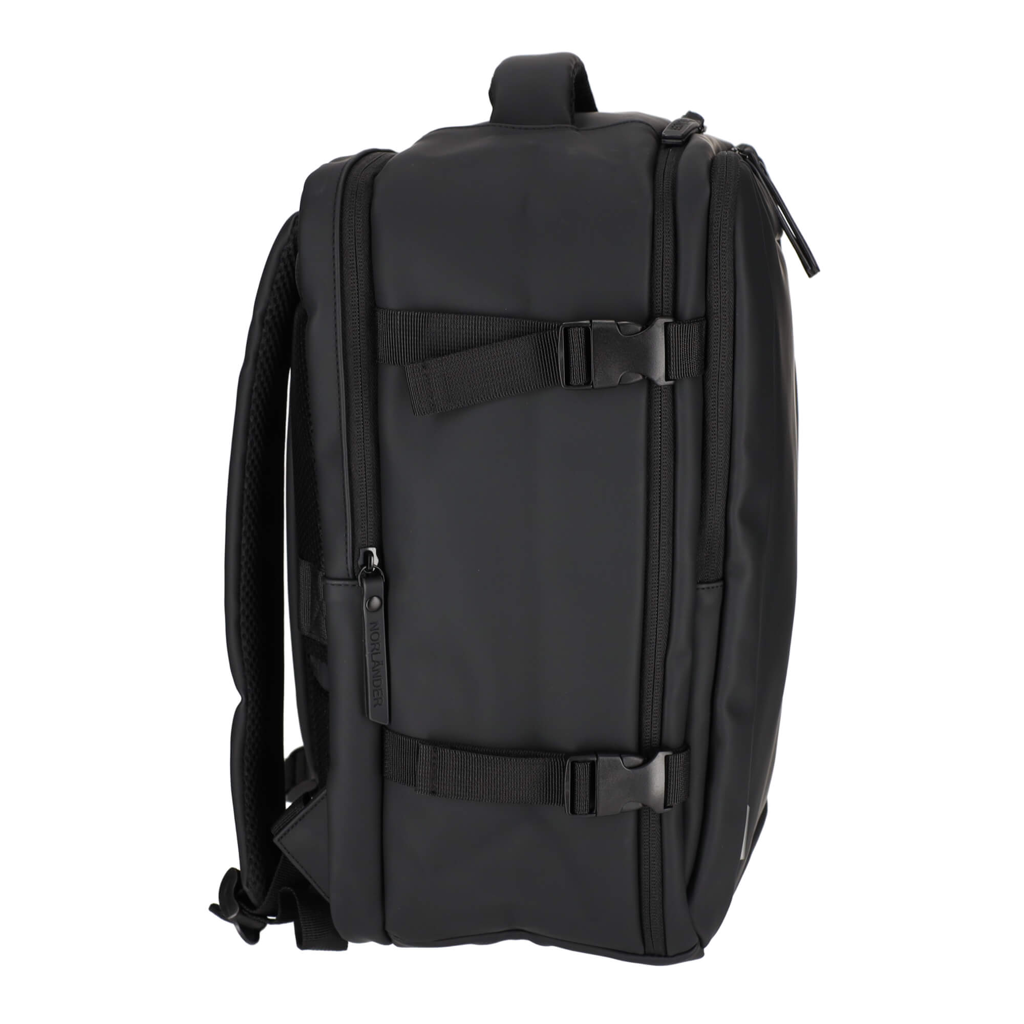 Black backpack with straps and buckles, side view.