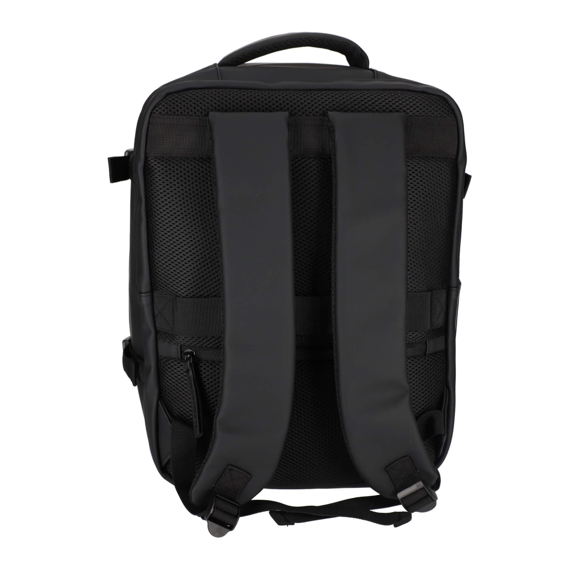 Back view of a black backpack with padded shoulder straps and mesh paneling.