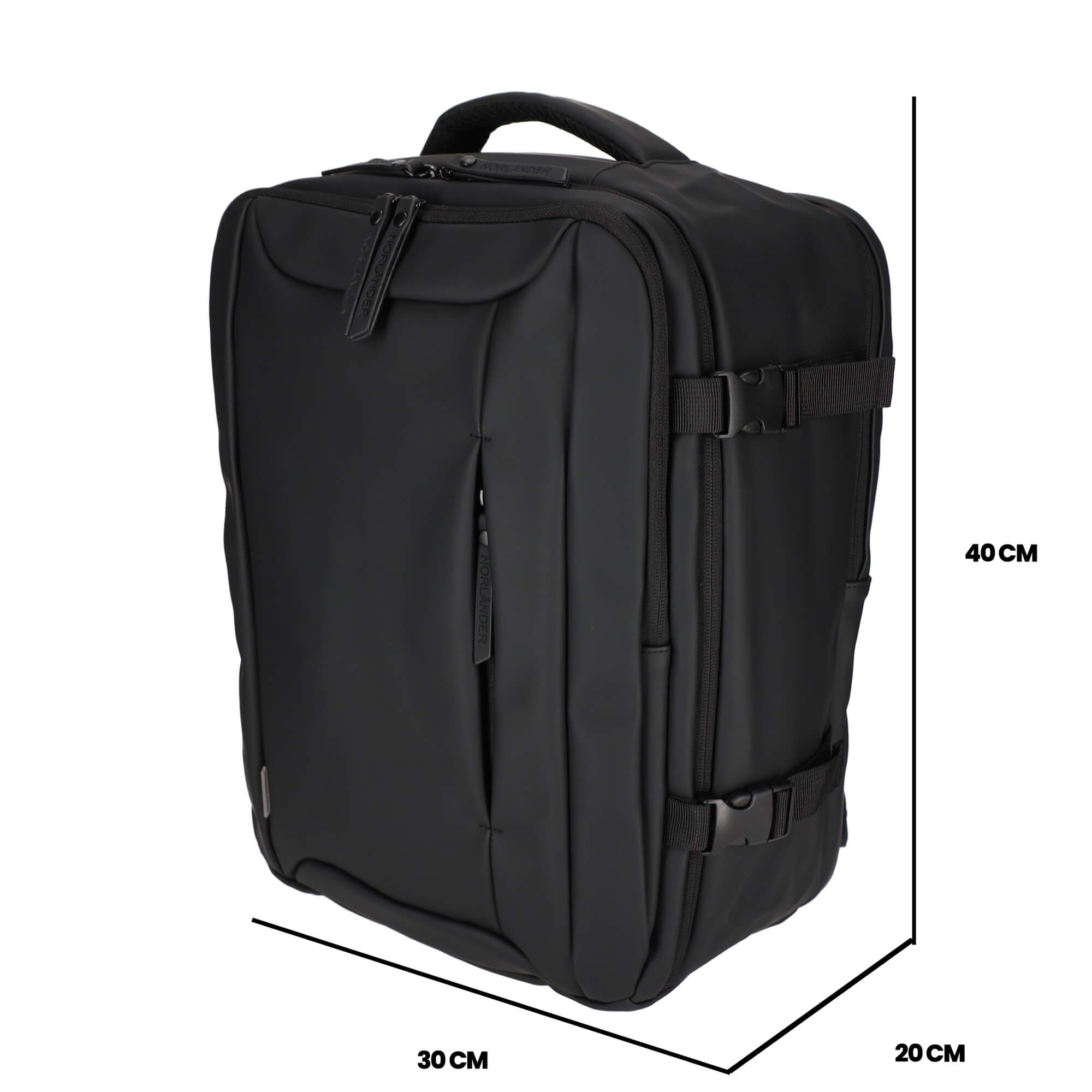 Black backpack with handle and buckles, dimensions 30x20x40 cm.