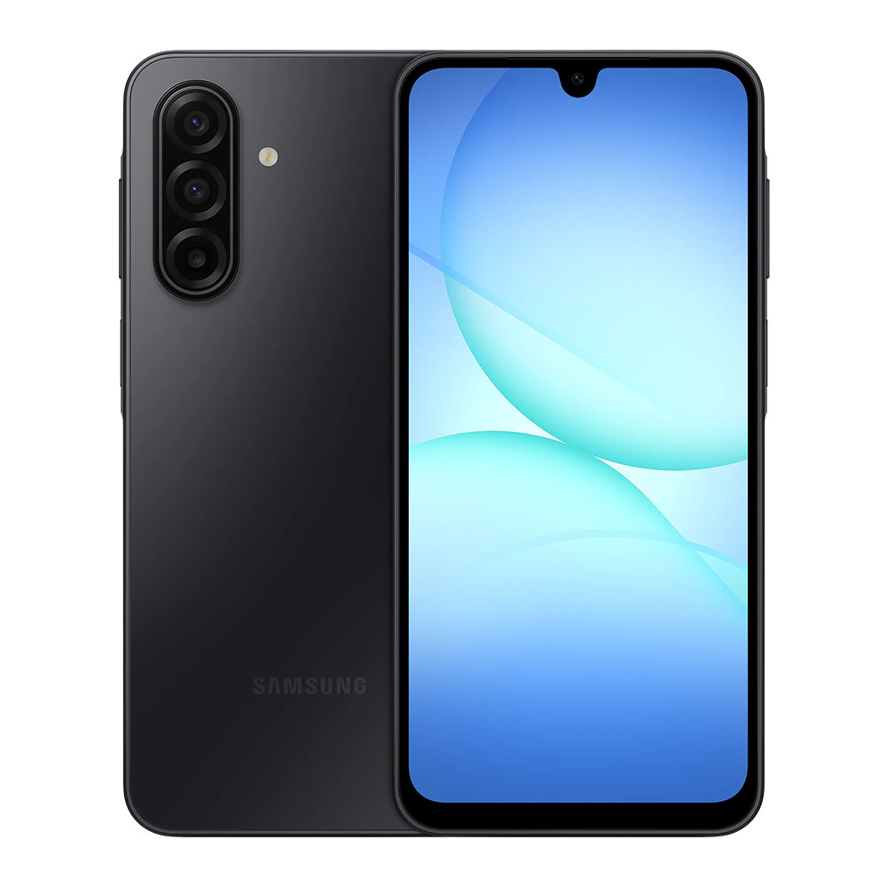 Smartphone Samsung nero mostrato fronte e retro. Array tripla fotocamera sul retro.