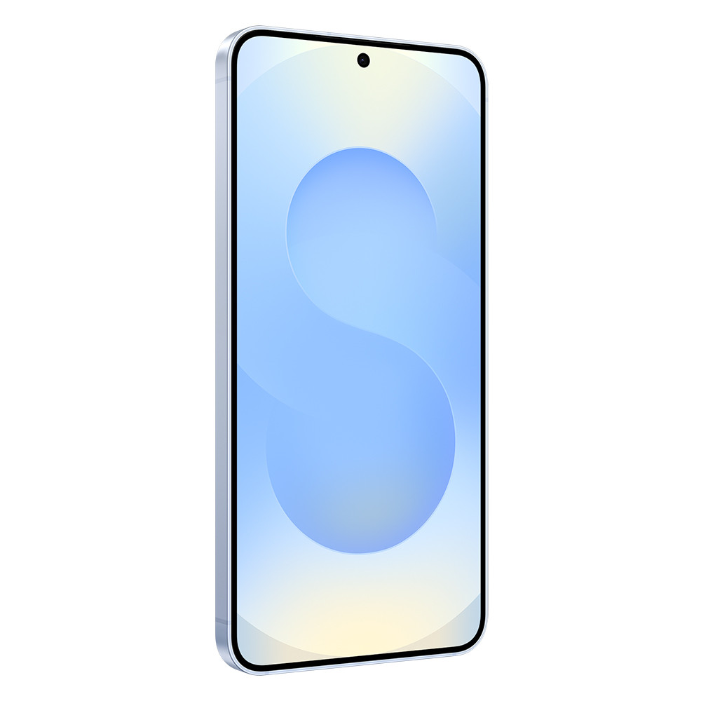 Uno smartphone elegante con cornice argentata e sfondo blu.