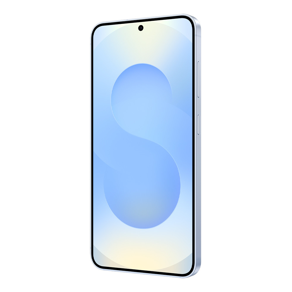 Uno smartphone moderno con cornice argentata e sfondo blu sullo schermo.