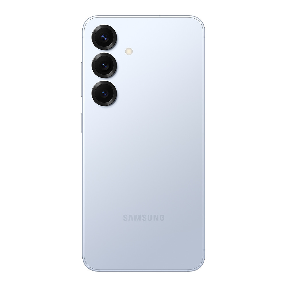Retro di uno smartphone Samsung azzurro con tre obiettivi e flash.