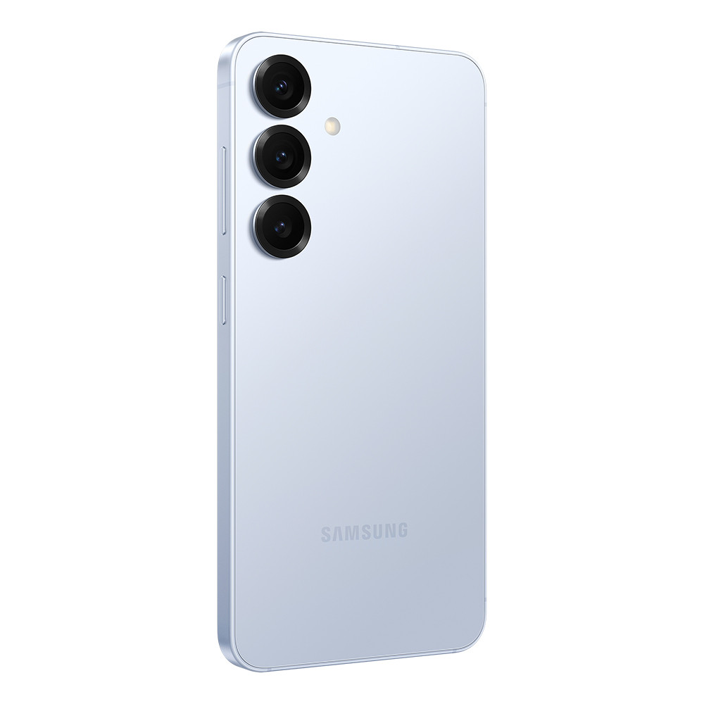 Retro di uno smartphone Samsung azzurro con tre obiettivi e flash.
