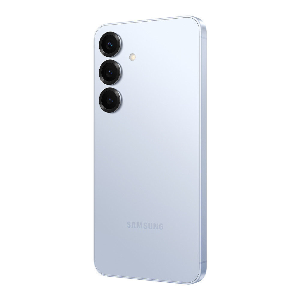 Retro di uno smartphone Samsung azzurro con tre obiettivi e flash.