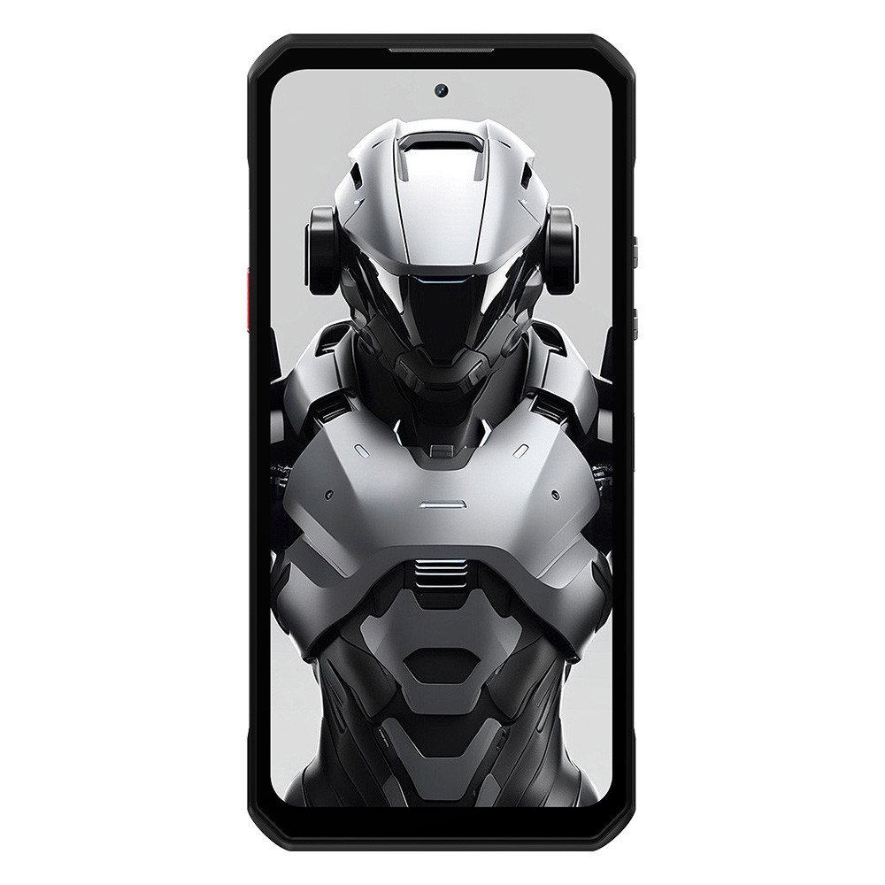 Uno smartphone mostra il torso di un cyborg grigio futuristico.