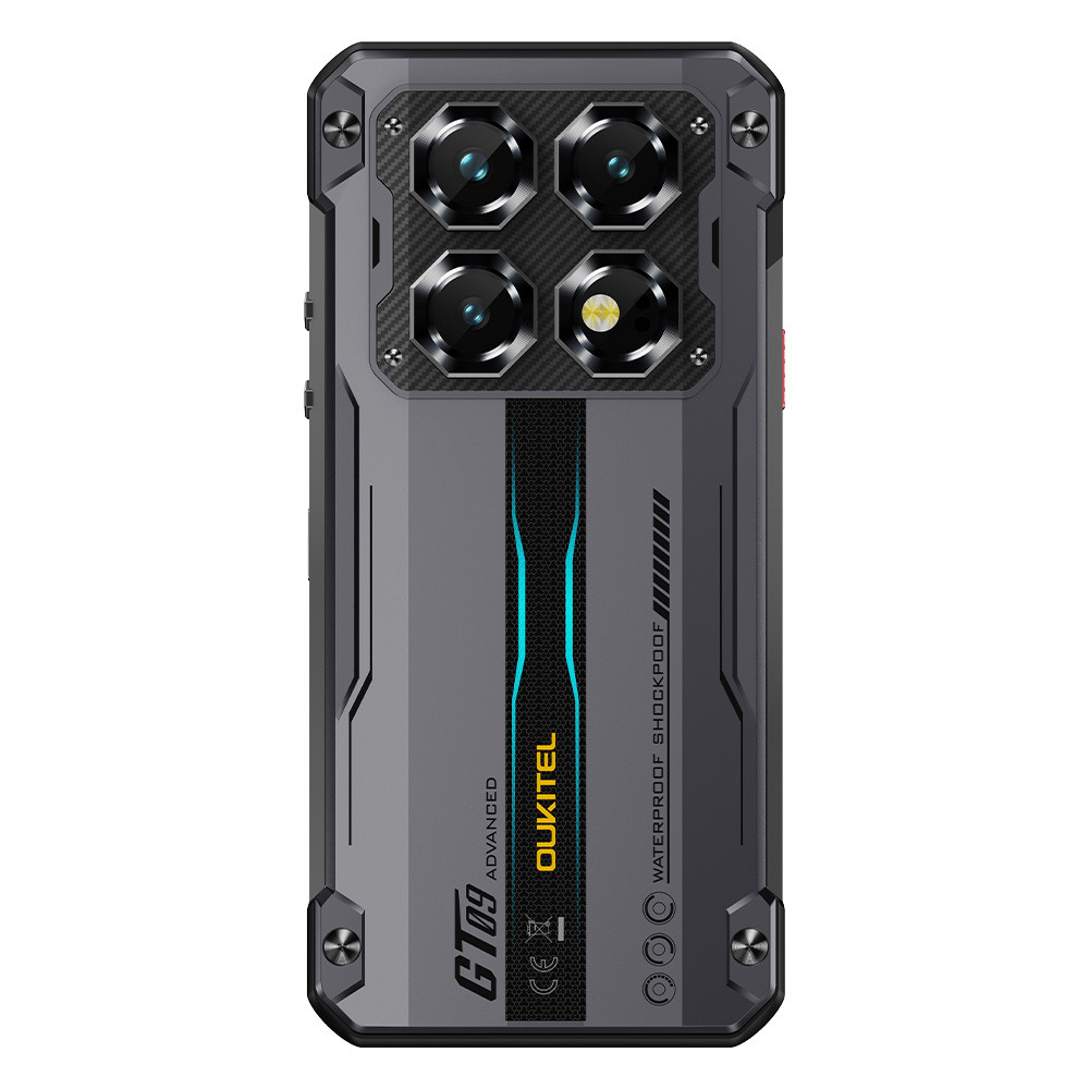 Retro di uno smartphone nero robusto con quattro fotocamere e accenti blu.