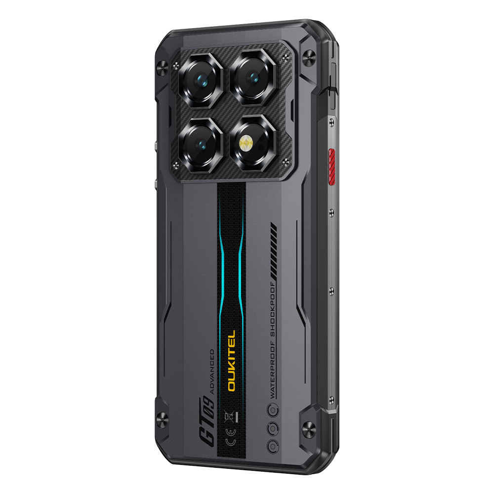 Smartphone robusto con quattro fotocamere, accento blu e testo.