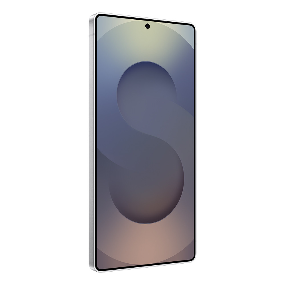 Uno smartphone elegante con cornice argentata e sfondo astratto sullo schermo.