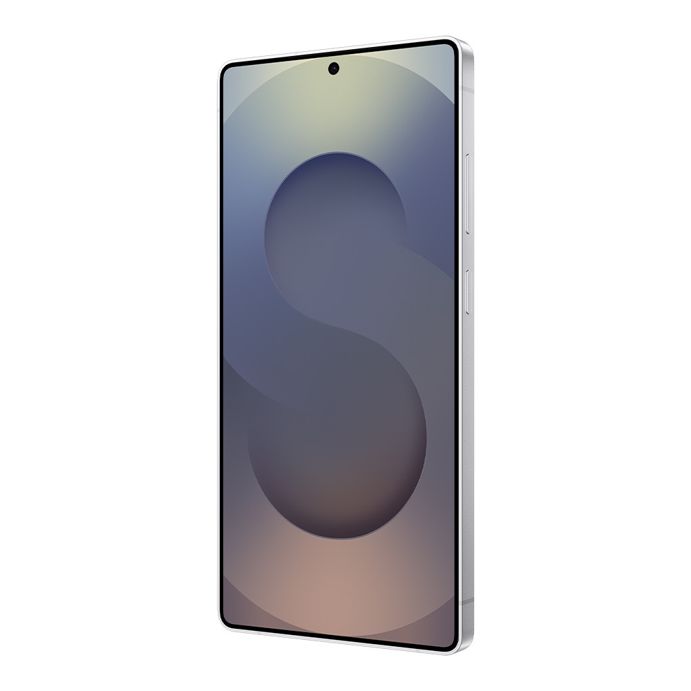 Uno smartphone argentato con uno sfondo astratto visualizzato sullo schermo.