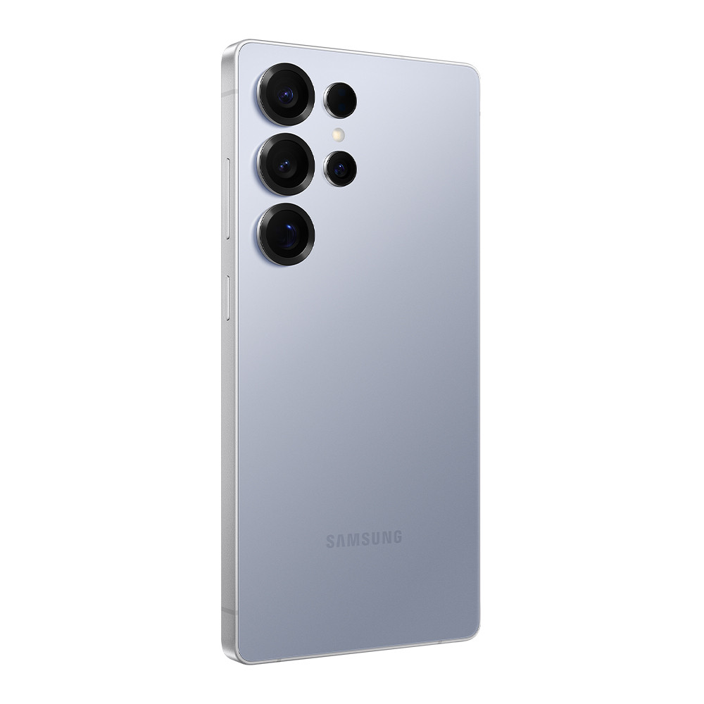 Retro di uno smartphone viola chiaro con quattro obiettivi e logo Samsung.